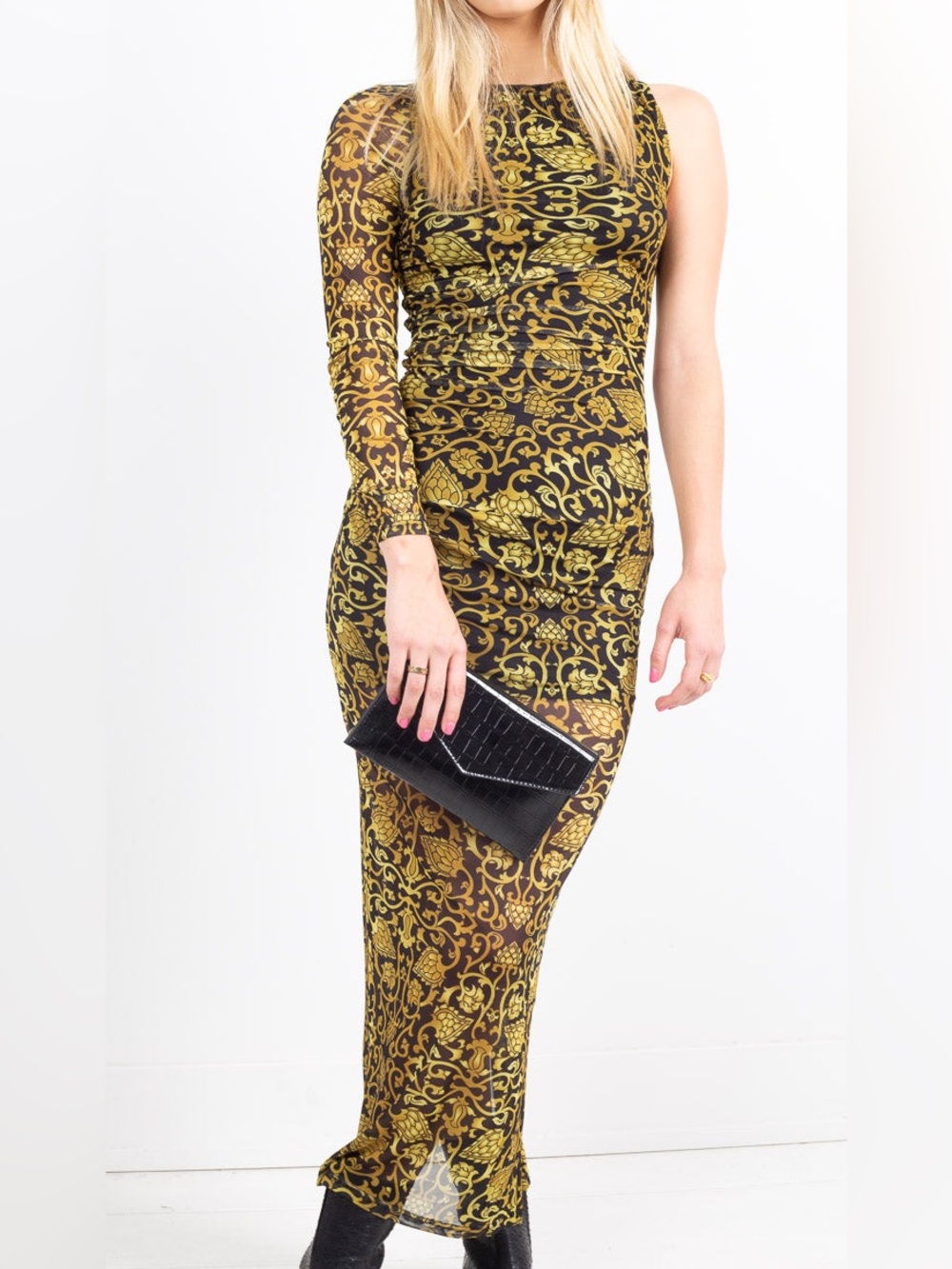 WNTRMSE Baroque Gold & Black One Sleeve Bodycon Maxi Dress - NWT